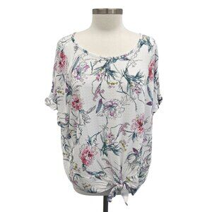Buffalo David Bitton Womens XL Floral Tie-Front Top White‎ Pink Short Sleeve